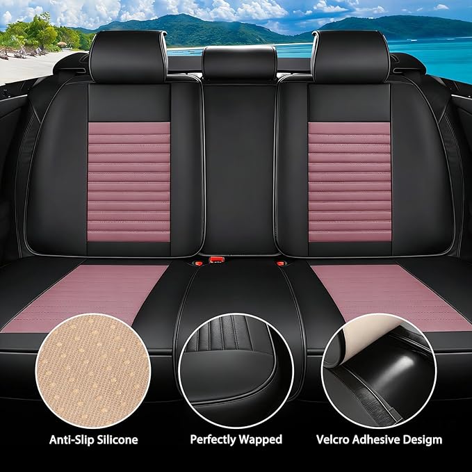 Car Seat Covers Full Set Fit for Toyota RAV4 2001-2025, Premium Faux Leather Car Seat Protector,Breathable Anti-Slip Full Wrapping Edge Seat Covers(Black&Pink,Full Set)