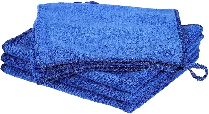 HARFINGTON 4 Pack Microfiber Cleaning Cloth, 14" x 14" Multi-Functional Cleaning Towels Reusable Absorbent Rags with Hook for Car Wash Kitchen Household Window Clean, Sapphire Blue
