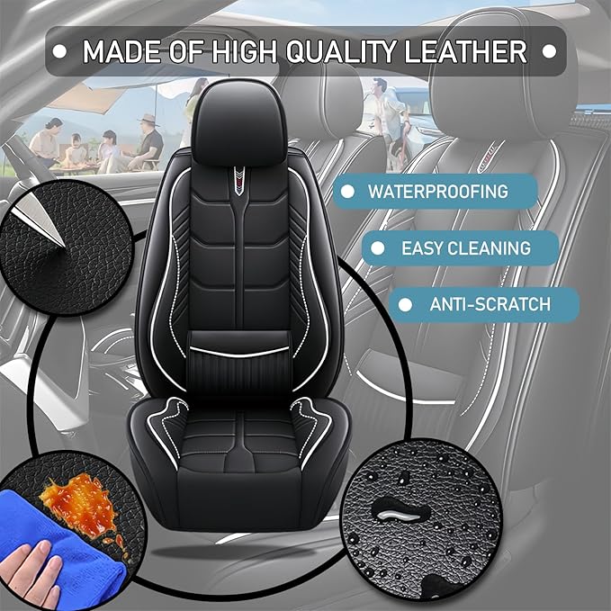 Leather Car Seat Covers Fit for Toyota Matrix 2003-2013, 5 Seater Car Seat Cover, Premium Waterproof, Scratch Resistant Car Interior Accessories (Full Set Black White)