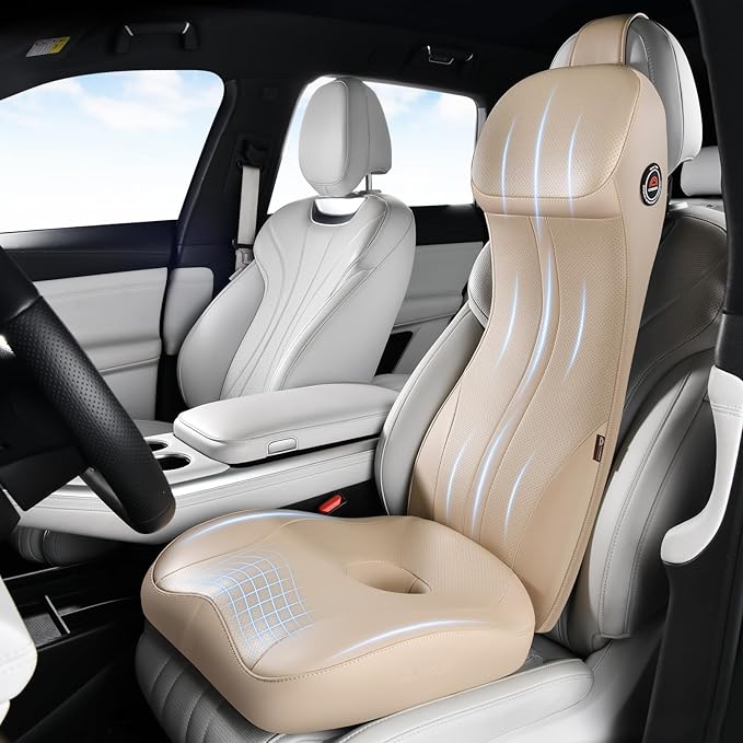 Coverado Car Seat Cushion and Integrated Neck Pillow Lumbar Support Kit, Ergonomic Lumbar Support Pillow for Car, Soft Leather Memory Foam Car Seat Cushion for Sciatica & Back Pain Relief, Beige
