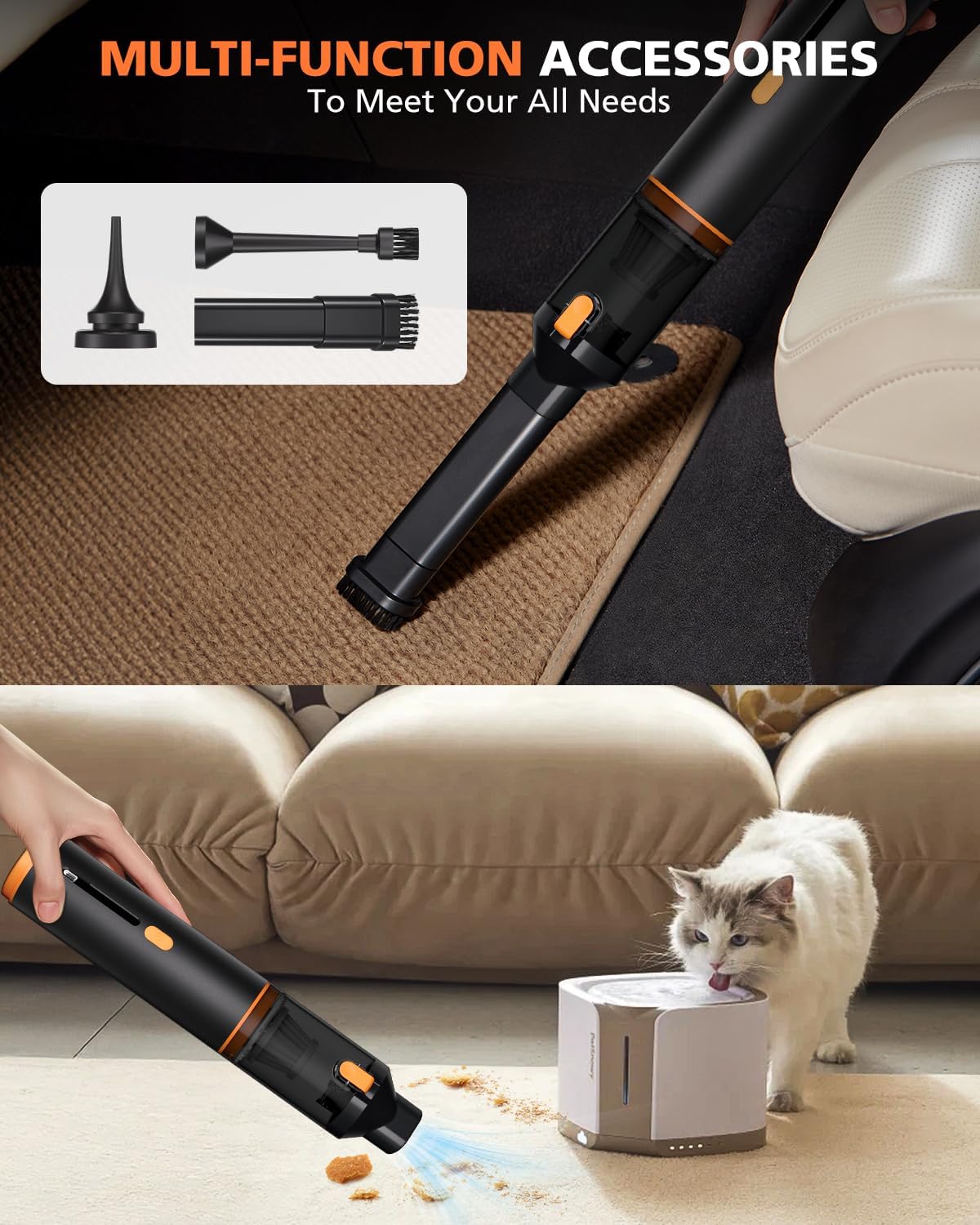 Car Vacuum Portable with 16000Pa Powerful Suction, Handheld Vacuum Cordless Rechargeable Blow & Suction 4 in 1, Small Vacuum Cleaner for Car, Home, Office, Outdoor (Black Orange)