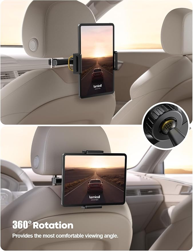 Lamicall Car Tablet Headrest Holder - Car Back Seat Headrest Tablet Mount Stand for Kids, Road Trip Essentials Accessories Gifts, for 2025 iPad Pro 11/13" Air Mini, iPhone, Galaxy Tab, 4.7-13" Devices