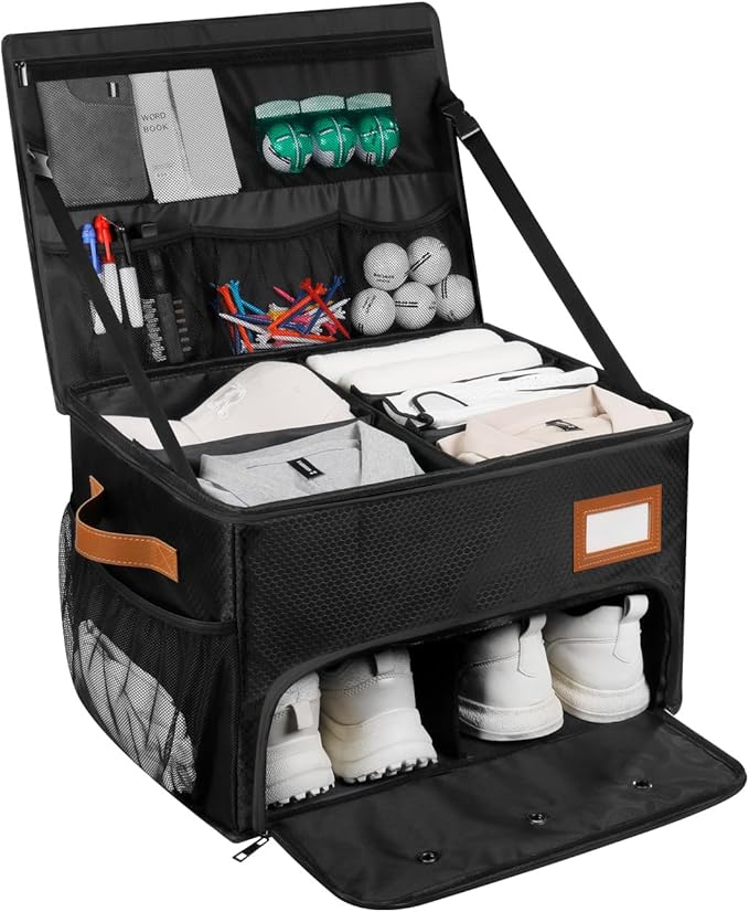 2 Layer Golf Trunk Organizer, Golf Organizer with 2 Pairs Shoes Compartment, Golf Storage Waterproof Car Trunk Locker for Balls, Caps, Clothes, Gloves, Accessories, Gifts for Golfers