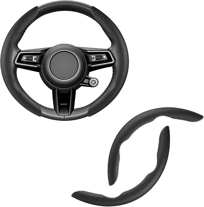 Amiss Nappa Leather Steering Wheel Cover, 2PCS Segmented Wheel Protector, Universal 99% Car Wheel Cover (Black)