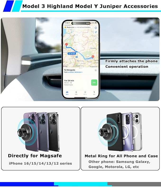 for Tesla Magnetic Phone Mount Holder Compatible with 2025-2026 Model Y Juniper and 2024-2026 Model 3 Highland, 360° Adjustable, No Tool Installation Required, Anti-Shake Mount Fit for All Smartphones