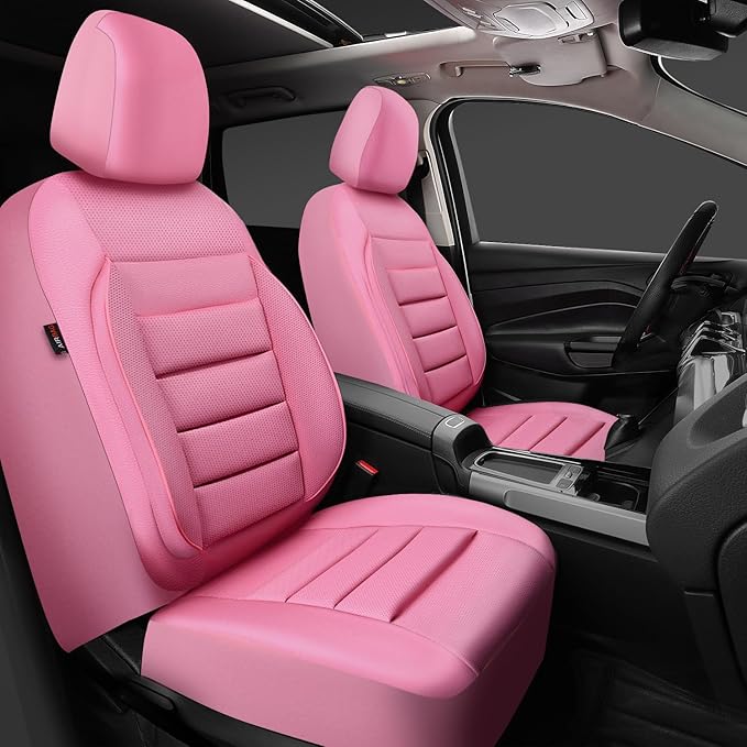 CAR PASS Pink Leather Seat Covers Full Set Universal Water Resistant 3D Foam Back Support, Luxury Comfort Automotive 5 Seat Covers for Women All Season Fit SUV,Sedan,Van, Airbag Compatible Pink