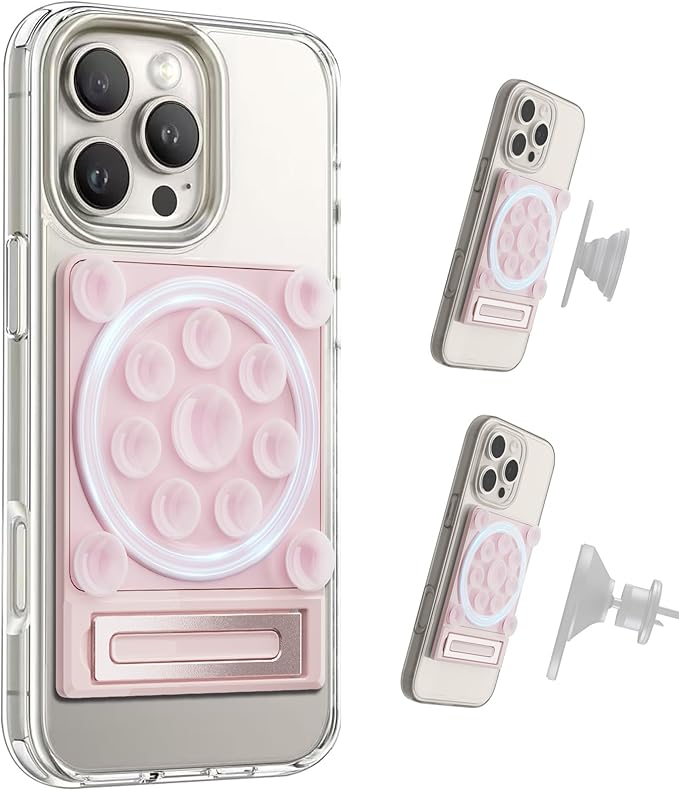 SEMBO Silicone Suction Phone Case Adhesive Sticky Grip Stand with Mag-Back for MagSafe Car/Wall Mounts, Strong Magnetic Holder for Fridge, Gym Equipment, Shower, Hands-Free Selfie (Pink, Magnetic)