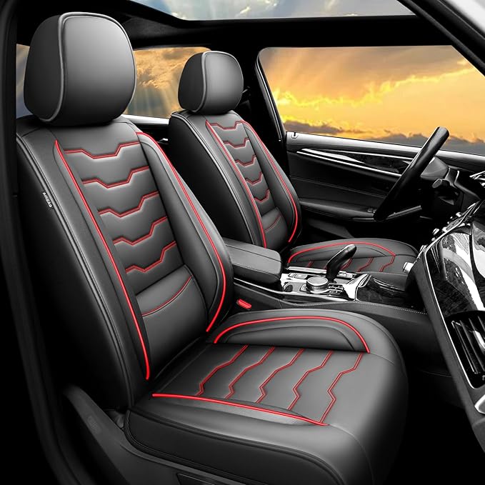 Fit Sonata Car Seat Covers Premium Leather for Hyundai Sonata 2007-2025 2026. Waterproof， Breathable, Scratch-Resistant & All-Weather Seat Cushion Protector（Full Set,Red Line Black
