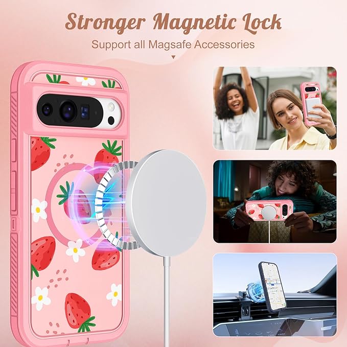 for Google Pixel 9 Pro XL Case - Compatible with MagSafe Women Cute Girls Magnetic Protective Cover Strawberry Girly Kawaii Design Heavy Duty Shockproof Phone Case for Pixel 9 Pro XL 6.8"