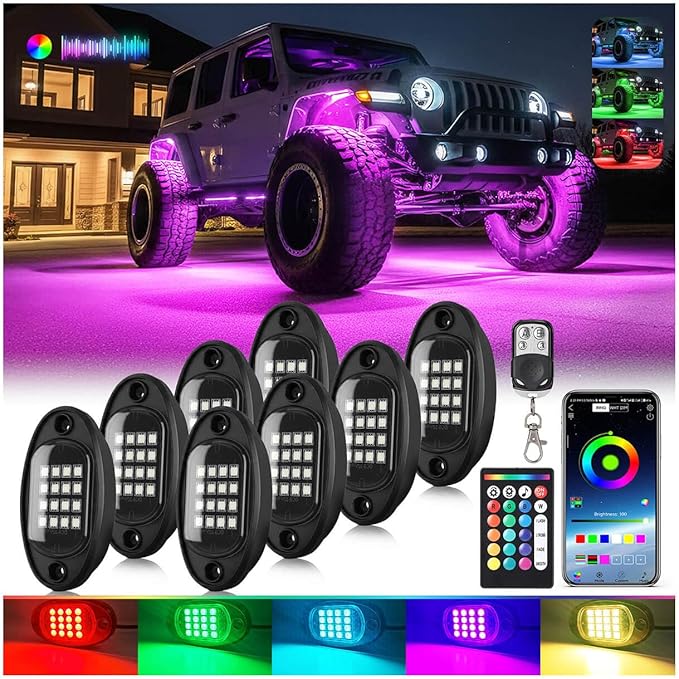 8Pods RGB LED Rock Lights for Jeep Trucks Golf Cart ATV UTV RZR SUV Offroad, Multicolor Underglow Light Kit with APP/RF Remote Dual Zone Neon Vehicle Accent Underbody Light 12V Waterproof