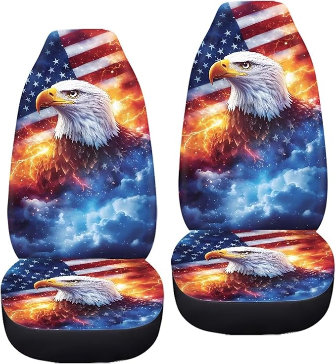 ELEQIN 2 Packs Car Front Seat Cover Car Seat Protector, Nonslip Seat Cover for Cars, Trucks & SUVs Car Interior Decor, Lighting Eagle US Flag Print