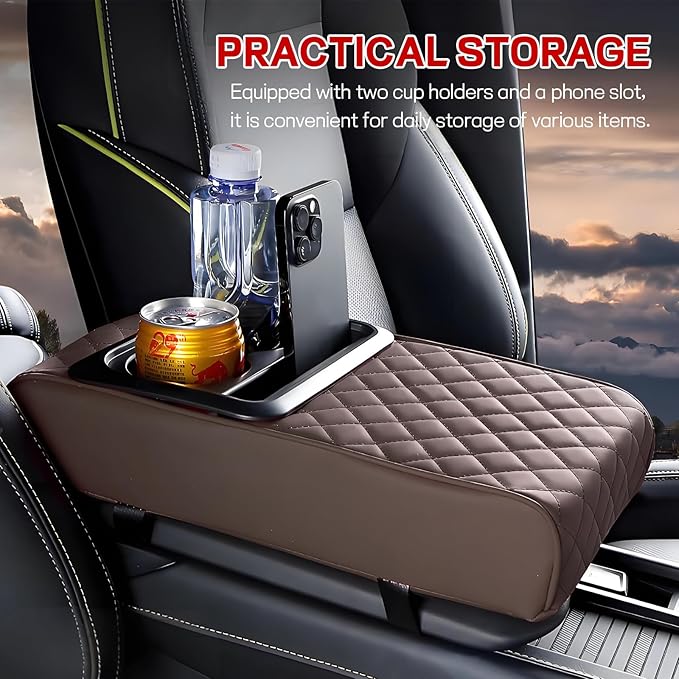 Car Center Console Armrest Pillow, 13.19"×7.87" Leather Car Arm Rest Cover, Memory Foam Auto Armrest Cushion with Cup Holder Phone Slot, Universal Vehicle Middle Console Cushion Pad (Coffee)