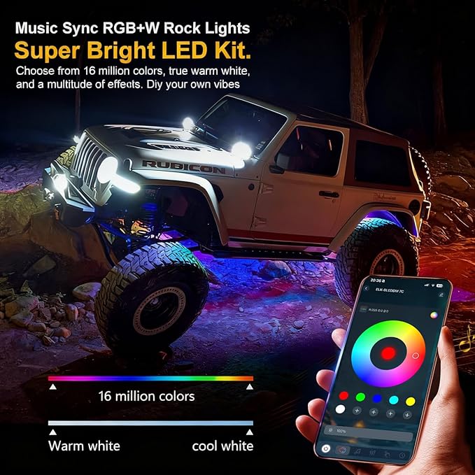RGB LED Rock Lights Kit, 12 pods Multicolor Neon Light with Bluetooth App/Remote Control Flashing Music Mode, Aluminum Metal, IP68 Waterproof, 12v for Truck ATV UTV SUV