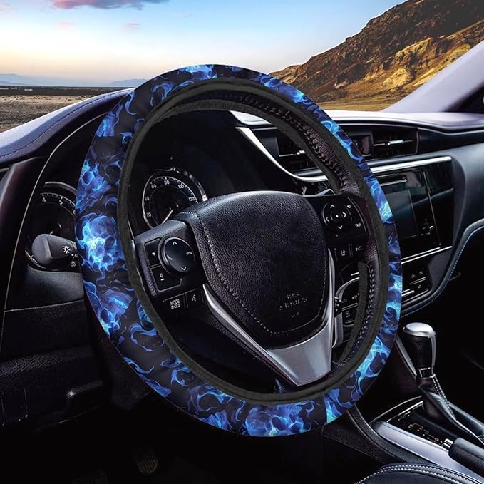 AFPANQZ Skull Blue Flame Automotive Steering Wheel Covers Universal Fit 14 to 15 inch Steering Wheel Covers with Cloth for Women Keep Warm Comfort Grip Sweat Absorption Neoprene