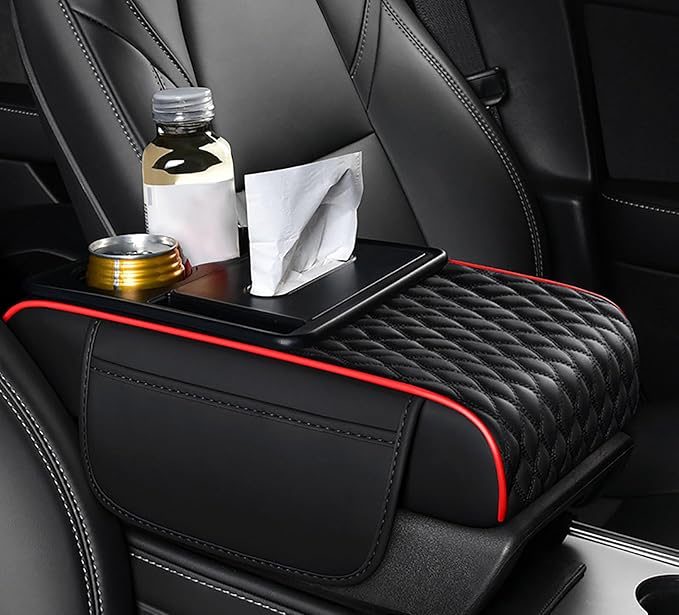 Car Armrest Center Console Cover for Acura Integra 2022–2025, Center Console Pad with Cup Holder, Multifunctional Armrest Cushion,A Black+Red