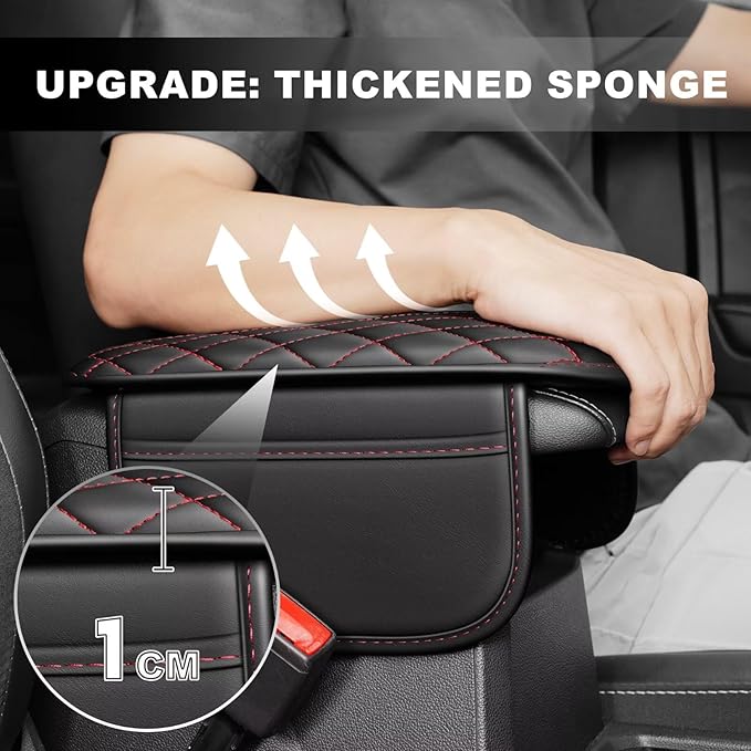 Upgraded Car Center Console Cover Fit for Corolla Cross Faux Leather Car Armrest Cover Cushion with 2 Storage Bags,Car Armrest Storage Box Interior Accessories(Black&Redline)