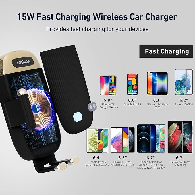 Wireless Car Charger Mount,15W Qi Fast Charger, Wireless Car Charger Smart Sensor Air Vent, Automatic Clamping Phone Holder for iPhone 13/12/11//XS/XR/8, Samsung S22/S21/S20/Note 20, etc (Black)