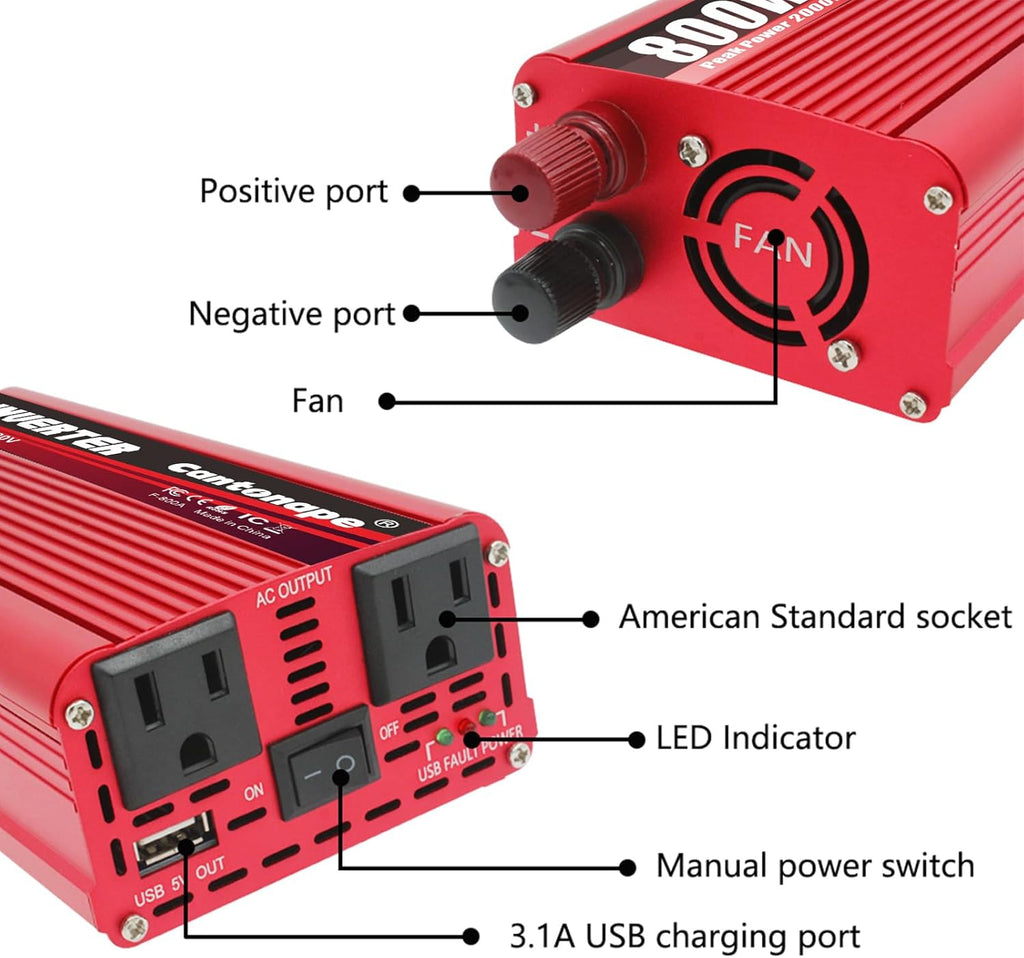 800 Watt Car Inverter DC 12V to 110V/120V AC Converter Power Inverter with 3.1A USB Car Adapter and Cigarette Lighter for Car Home Laptop Truck