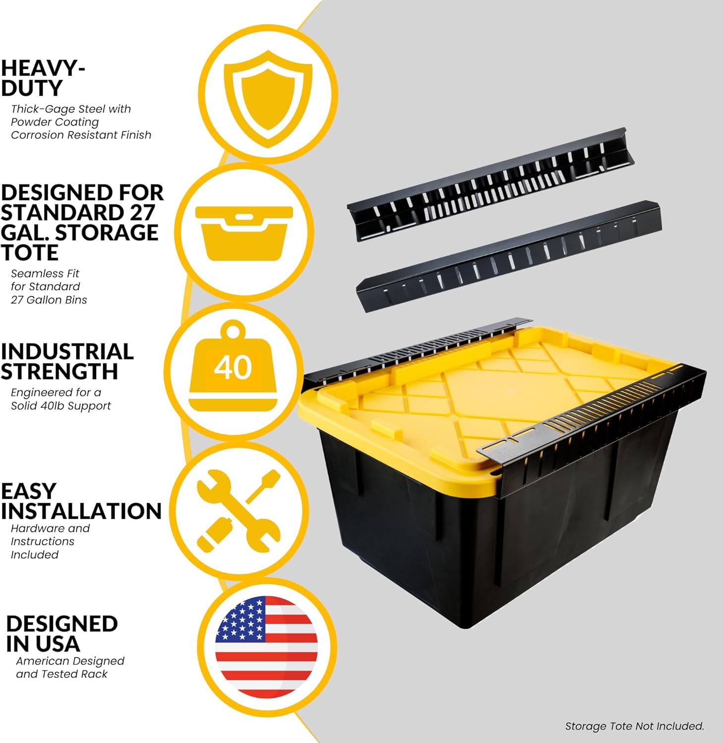 Overhead Bin Rack - Ceiling Mount Overhead Garage Storage Rack | Adjustable Width and Orientation | Heavy Duty Ceiling Bin Storage Rails | Fits Black & Yellow Storage Bins | USA Designed (4 Bins)