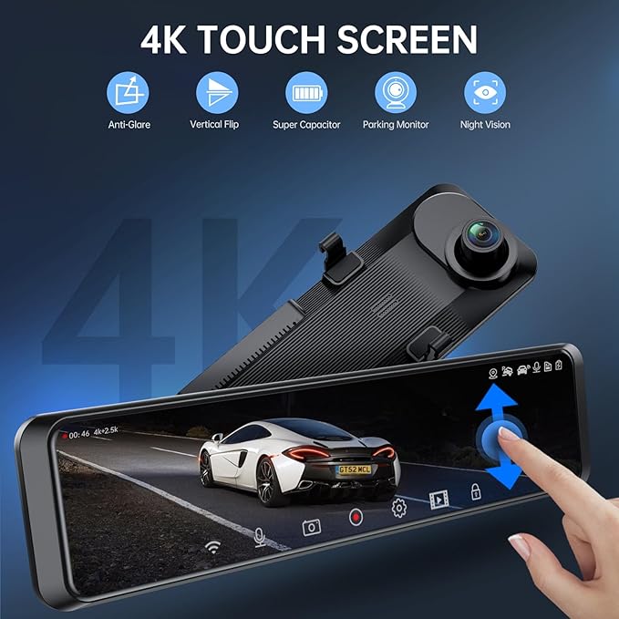 4K Rear View Mirror Camera, 12'' Mirror Dash Cam, 4K/2.5K Backup Camera for Car, WiFi/GPS Dash Cam Front and Rear with 32GB Card, APP, Voice Control, WDR Night Vision, Reverse Assist (Black)