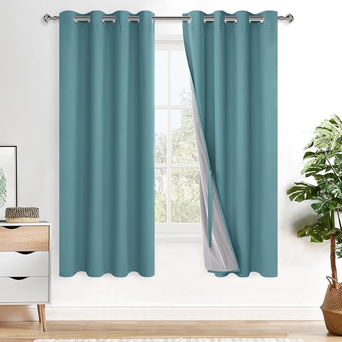 XWZO 100% Blackout Curtains - Thermal Insulated Black Liner Curtains, Noise Reducing and Heat Blocking Drapes for Hall and Studio Windows with Tiebacks, Stone Blue, W52 x L72, Set of 2