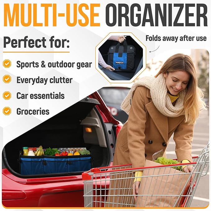 FORTEM Trunk Organizer For SUV Car Organizer and Storage, Multi-Compartment Storage Bag Car Accessories for Women Men, Perfect Christmas Gifts, 1680D Oxford, Non Slip Bottom, Straps, Soft Cover (90L)