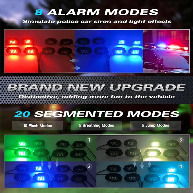 4Pods Segmented RGB LED Rock Lights Kit for ATV UTV 4 Wheeler Can-Am SXS RZR Side By Side Offroad Golf Cart with APP/RF Remote, Multicolor Underglow Accent Light Waterproof Vehicle Music 12V Underbody
