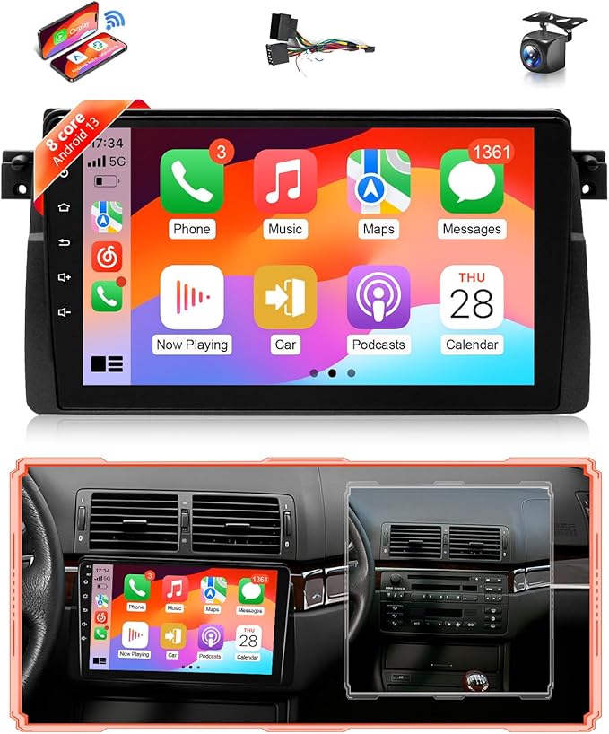 8Core Car Stereo for BMW 325i 330i E46 328i 328xi 1998-2005 Radio for BMW M3 2000-2006 Apple CarPlay Android Auto,9IN IPS Touch Screen 5G WiFi/GPS Navi/BT/FM/RDS/DSP/EQ/SWC/AHD Camera