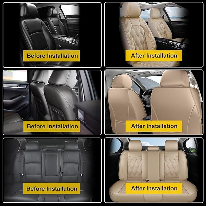 AOMSAZTO Car Seat Cover Full Set Seat Fit for Ford Fusion 2010-2020: Leather Car Seat Cushion Protector Compatible Airbag Waterproof Automotive Seat Covers Beige