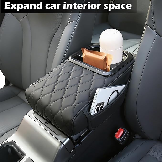Upgraded Heightening Cup Holder Car Center Console Cover, Leather Car Armrest Cover Cushion with 2 Storage Bags,Car Armrest Storage Box Interior Accessories for Most Vehicles (Black)