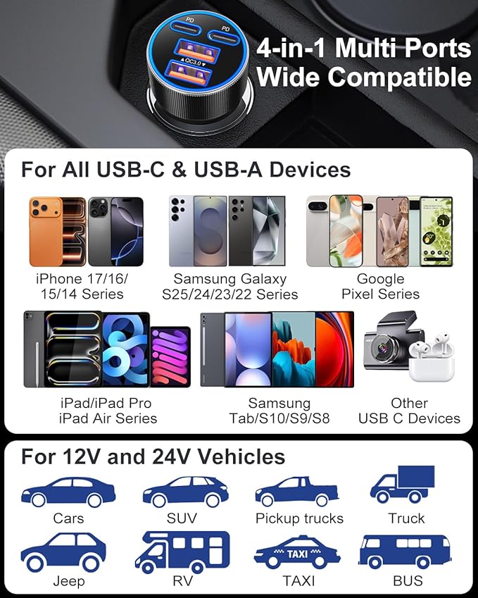 USB C Car Charger, Upgraded 90W 4-Port Dual 12V USB-C & USB-A Car Phone Charger Multiport QC 3.0/PD45W Super Fast Charging Cigarette Lighter Adapter for iPhone 17 16 15 14 Pro Max Galaxy Android