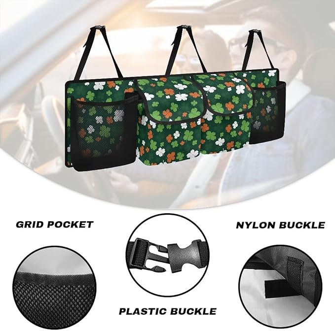 Lucky Leaf Car Trunk Organizers, St. Patrick's Day Backseat Hanging Organizer with 4 Large Storage Bag, Waterproof Car Organizer with Adjustable Strap, Road Trip Large Capacity Bag