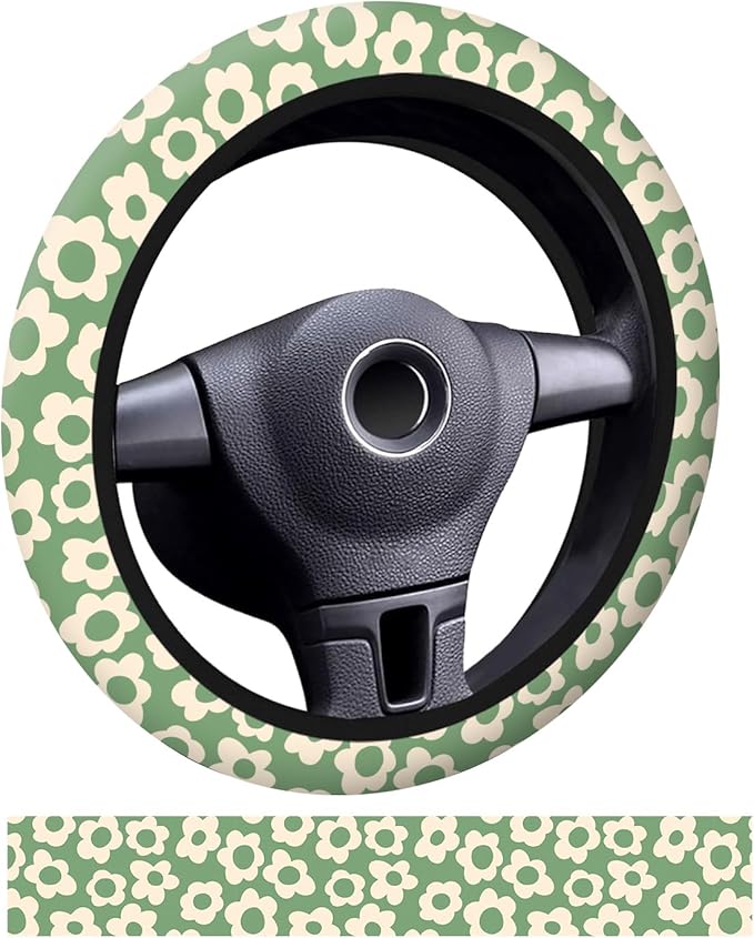 Car Steering Wheel Cover, Universal 15 Inch Neoprene Non-Slip Steering Wheel Covers, Funny Car Accessories for Women Men Fit Auto, Suvs, Truck Vintage Green Flowers