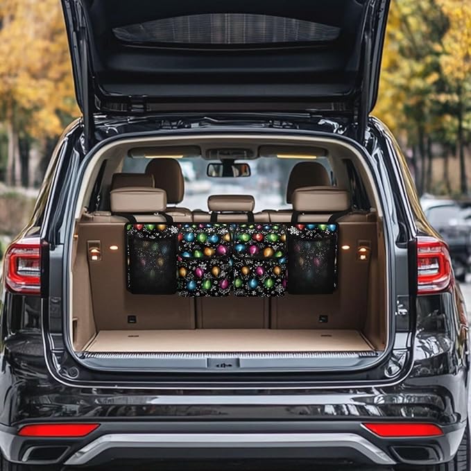 Christmas Light Car Trunk Organizer with 4 Pockets, Hanging Car Backseat Storage Bag with 3 Adjustable Straps, Car Interior Accessories for SUV, Truck,Van