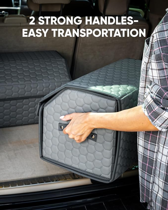 Owleys Foldable Trunk Organizer For Car - Trunk Organizers Car Storage - Collapsible Auto Trunk Organizer With Lid - Small And Large Cargo Organizer - Trunk Organization (Gray 21)