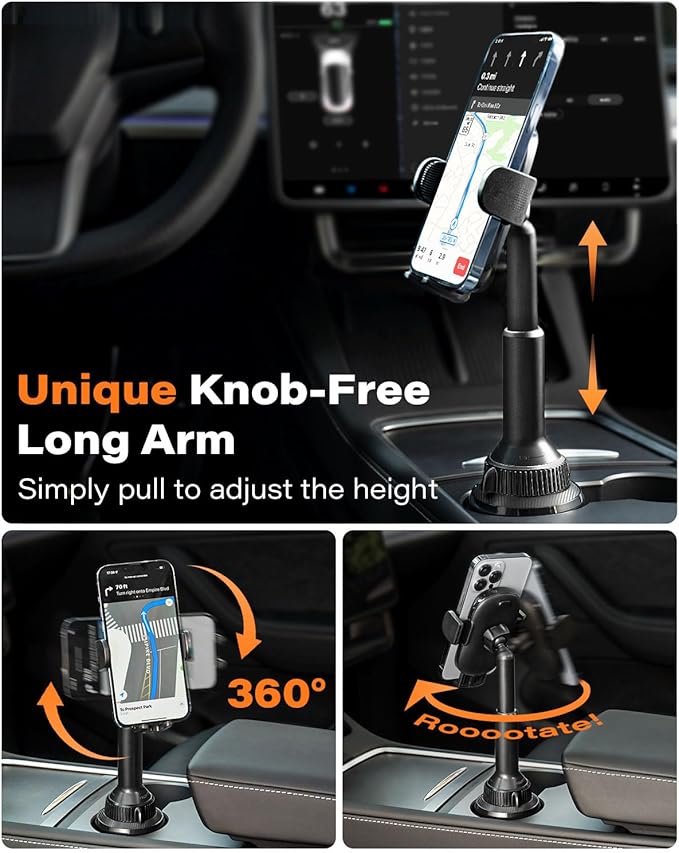 APPS2Car Universal Car Cup Phone Holder | Quick Extension Long Arm | 360° Swivel | Adjustable for iPhone, Samsung, Google, and All Smartphones | Stable & No Shake Design