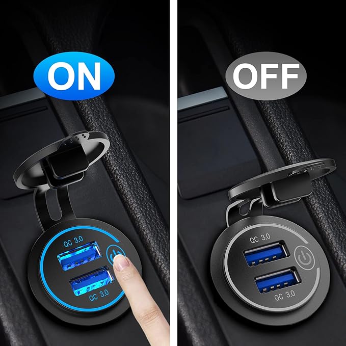 QC3.0 Dual USB 12V Outlet with Touch Switch: 12 Volt Marine Socket Golf Cart USB Port DC Car Charger Waterproof Power Adapter Cigarette Lighter Mount Fast Charge for Boat Motorcycle ATV RV