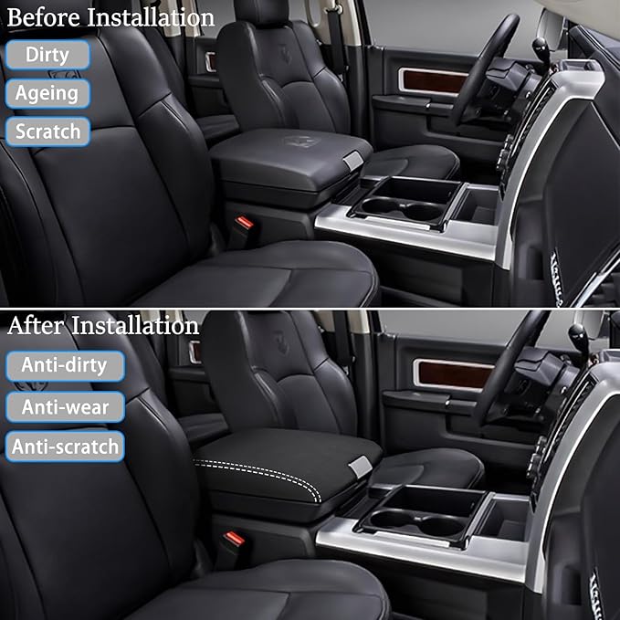 for RAM 1500 2500 3500 4500 5500 2009-2018 Center Console Cover Anti-Scratch Waterproof Leather Armrest Pad Protector Cushion Car Interior Accessories(Black Leather with White Stitches)