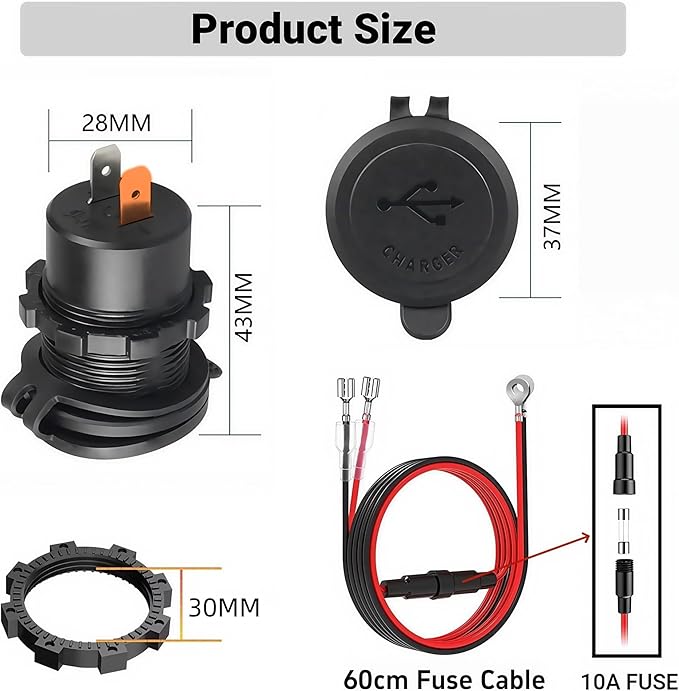 45W PD & 18W QC3.0 USB Laptop Car Charger Power Socket, Marine Type-C/USB C Port Fast Charging Adapter, 12V USB Power Outlet with ON/Off Switch Button Waterproof Cover for Boat RV Truck Golf (Red)