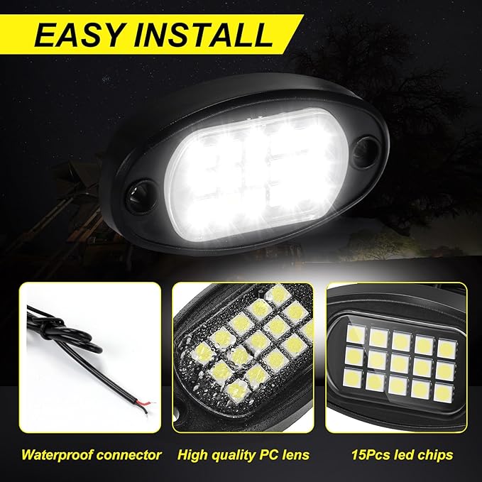 Baquler 30 Pods Rock Lights White Underglow Lights for Trucks Car SUV Waterproof Shockproof LED Ambient Rocklights Automotive Trailer Lighting for Motorcycle Boat ATV UTV(15LED Chip Style)