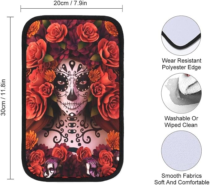 Auto Center Console for Sugar Skulls and Roses Day of Dead Halloween Car Armrest Cover Center Console Armrest Cushion for Car SUV Universal Fit