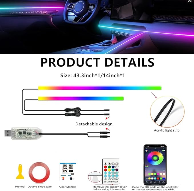 Acrylic Interior Car LED Strip Light with APP Remote Control,57in 2 in 1 USB RGB Dreamcolor Neon Flexible Strip Fiber Optic LED Ambient Lighting Kits,RGB Music Lights Sync for Inside car Decorations