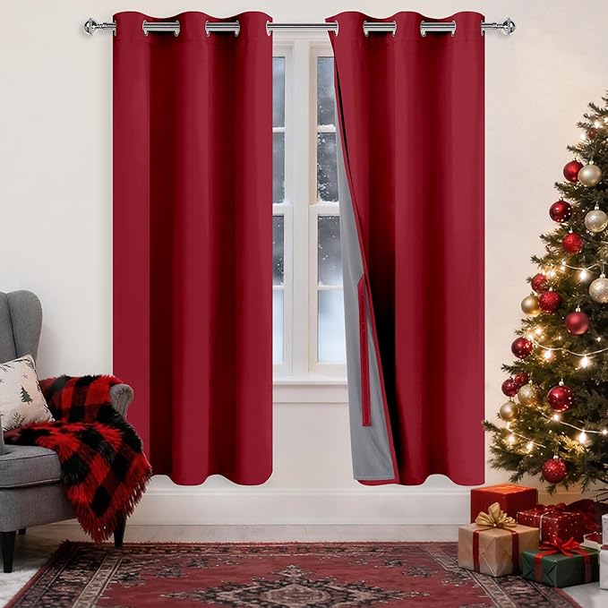 XWZO 100% Blackout Curtains 63 Inches Length - Heat and Light Blocking Ring Top Window Drapes with Black Liner Backing for Bedroom Sewn with Tiebacks, Christmas Red, W38 x L63, Set of 2