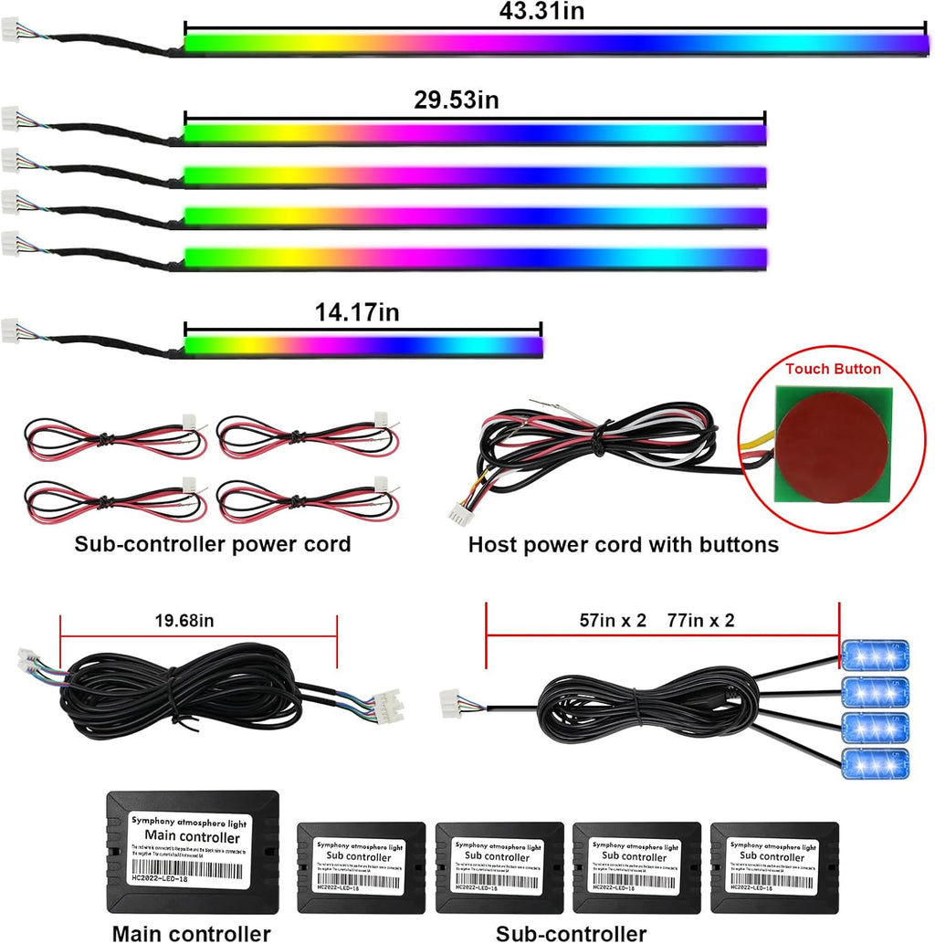 Acrylic Interior Car LED Strip Light, AMKI Dreamcolor Car Neon Light with Wireless APP Control, 10 in 1 Sub-Control Car Ambient Light Kit with DIY Mode and Music Mode, 16 Million Color Car Accessories