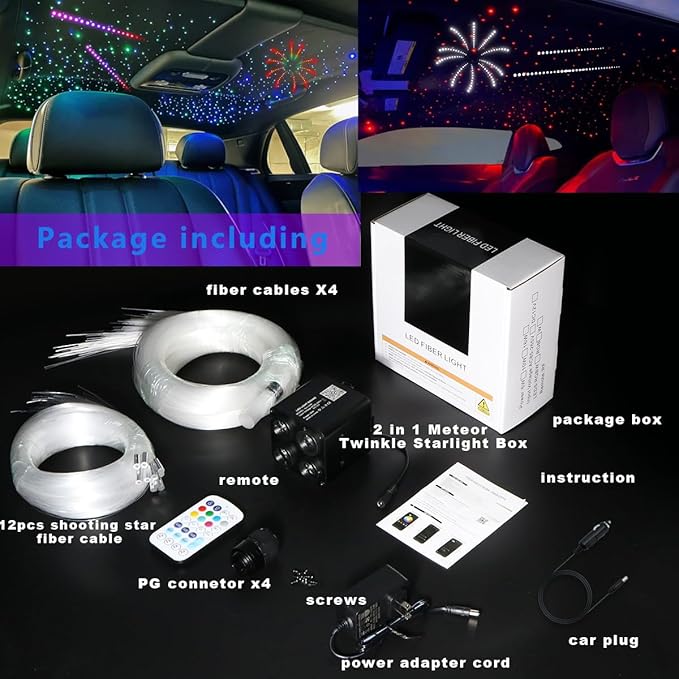 AZIMOM 4Colors 2 in 1 Meteor Twinkle Fiber Optic Starlight Headliner Kits 800pcs 0.03in 9.8ft Fiber Strands,RGB Meteor Shooting Star 240pcs, Sound Remote APP Control Home Ceiling Car Headliner Decor