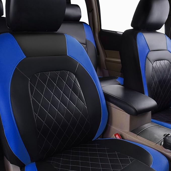 Universal Deluxe Pu Luxury Vinyl Faux Leather Car Seat Covers Two Front 6 Pieces Airbag Compatible Fit for Cars SUV Vehicles (Black and Blue)