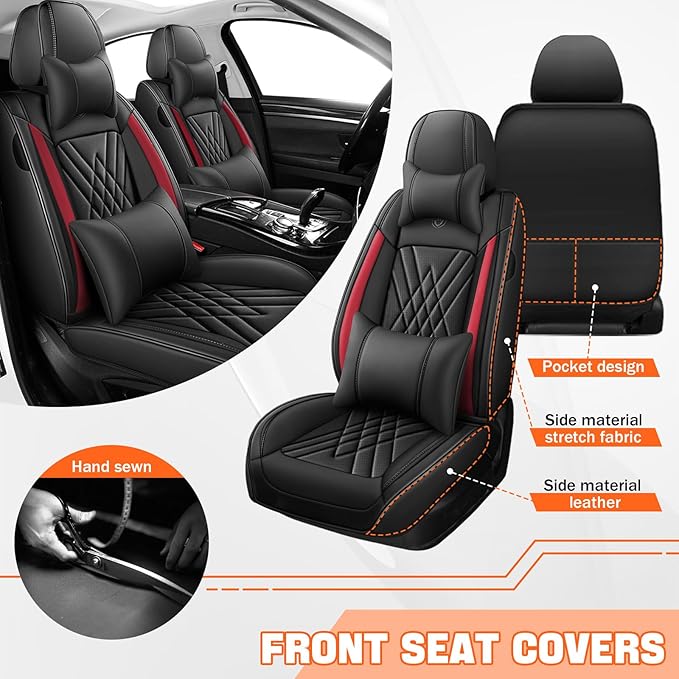 Car Seat Covers Compatible with Toyota Camry 2012-2026 Durable Waterproof Automotive Seat Covers Stretchable, Airbag Compatibility, Premium Nappa Leather(Black Red, 2 Pcs Front with Pillow)