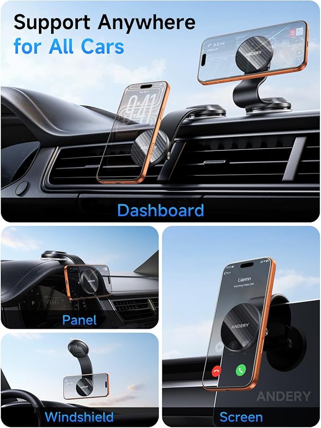 ANDERY Car Phone Holder for MagSafe [360° Adjustable Memory Alloy Arm | 2400gf Strongest Magnetic Power] Bendable Car Mount, Phone Holders for Your Car for iPhone and All Smartphones, Carbon Fiber