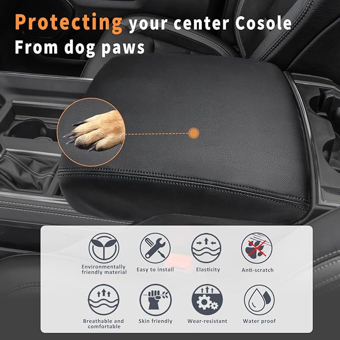 INTGET Car Center Console Cover for 2024 2025 Dodge Ram 1500 2500 3500 Accessories 2019 2020 2021 2022 2023 Armrest Arm Rest Box Lid Protector Pad Cushion Dog Seat Cover (Black with Black Stitches)