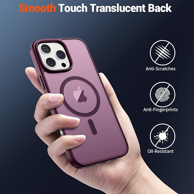 SUPFINE Magnetic for iPhone 16 Pro Max Case (Compatible with MagSafe) (Military Grade Drop Protection) Slim Translucent Matte Shockproof with Anti-Fingerprint Phone Case, Wine Red